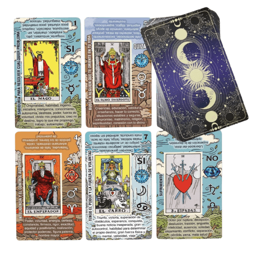 Cartas del Tarot Rider Waite con significados impresos en cada carta, mazo recomendado para principiantes.