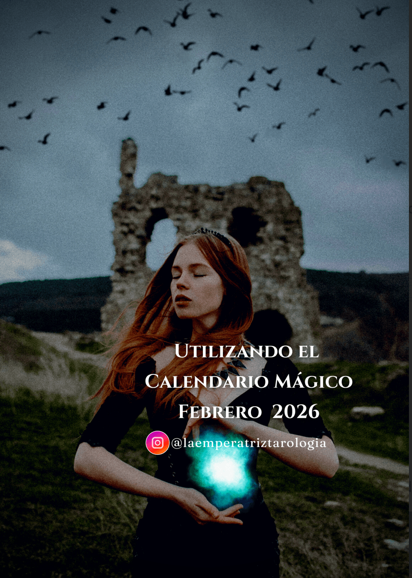 Mujer con energía luminosa en las manos frente a ruinas, portada del Calendario Mágico Febrero 2026.