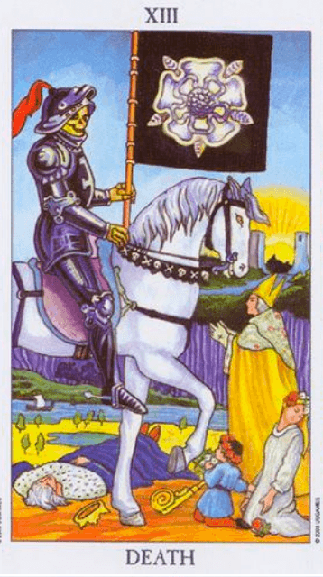 Carta El Loco del tarot Rider-Waite mostrando a un joven caminando al borde de un precipicio con una rosa blanca y un perro a su lado.