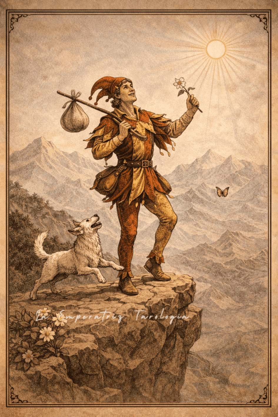 Ilustración del arcano El Loco del tarot inspirada en el Rider-Waite, creación visual de La Emperatriz Tarología
