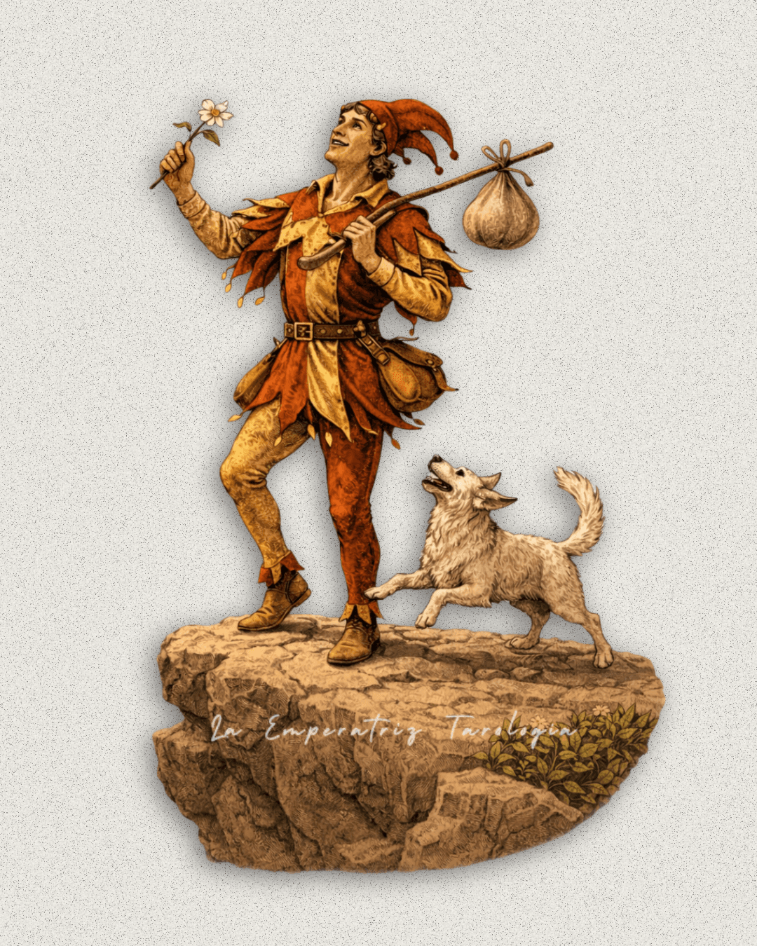 Ilustración del arcano El Loco del tarot inspirada en el Rider-Waite, creación visual de La Emperatriz Tarología