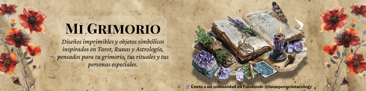 Banner de Mi Grimorio con flores rojas, libro mágico abierto, vela encendida, cristales y mensaje sobre diseños imprimibles inspirados en tarot, runas y astrología.