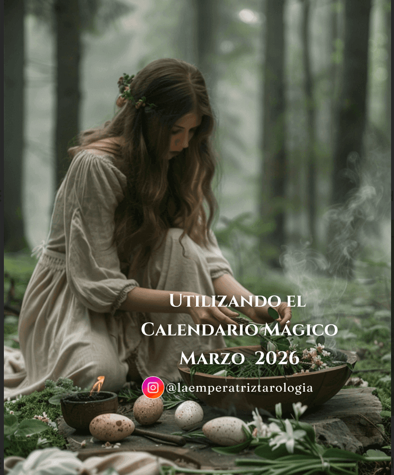 Mujer en un bosque preparando un ritual con flores, velas y huevos sobre una bandeja de madera, rodeada de vegetación y humo suave en un ambiente natural y sereno.
