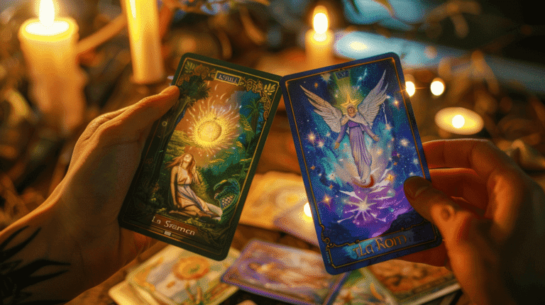 Primer plano de unas manos sosteniendo dos cartas esotéricas frente a velas encendidas: una carta verde con una figura femenina bajo un sol brillante y otra azul con un ángel rodeado de estrellas, sobre una mesa con más cartas desenfocadas.