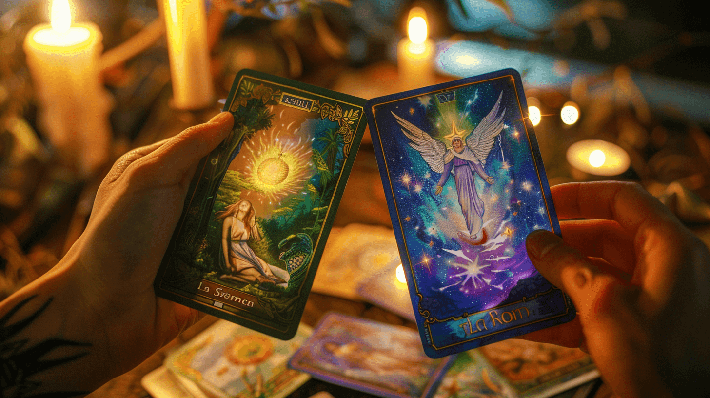 Primer plano de unas manos sosteniendo dos cartas esotéricas frente a velas encendidas: una carta verde con una figura femenina bajo un sol brillante y otra azul con un ángel rodeado de estrellas, sobre una mesa con más cartas desenfocadas.