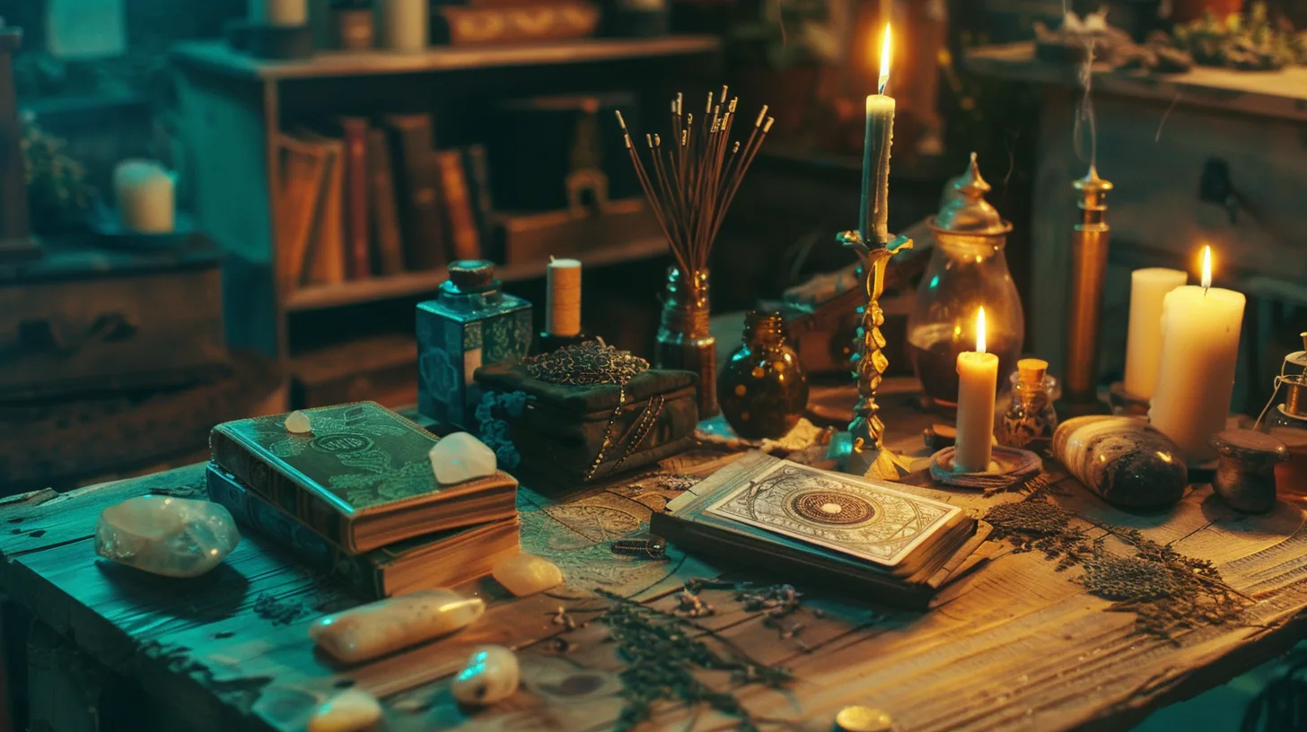 Mesa de madera con cartas de tarot antiguas, velas encendidas, cristales y objetos esotéricos en un ambiente cálido e íntimo.