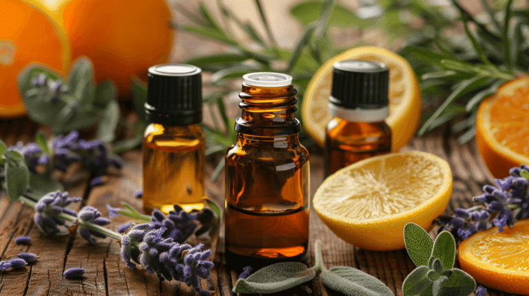 Frascos de aceites esenciales sobre mesa de madera rodeados de limón, naranja, lavanda y hojas aromáticas.