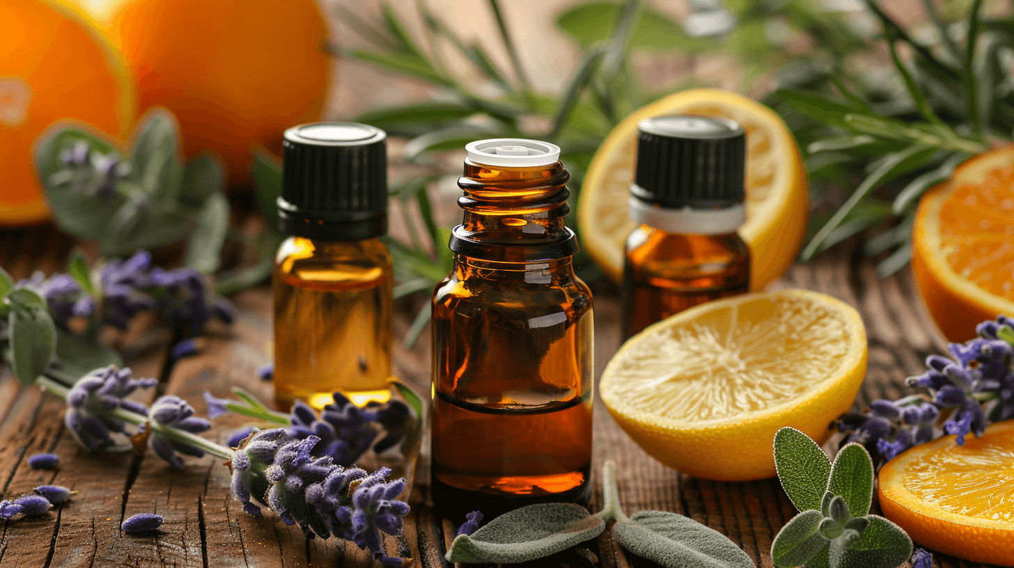 Frascos de aceites esenciales sobre mesa de madera rodeados de limón, naranja, lavanda y hojas aromáticas.