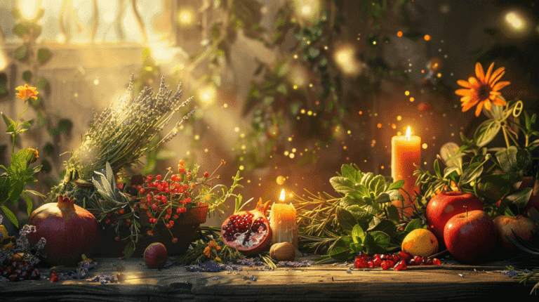 Altar natural con hierbas, flores, frutas y velas encendidas, iluminado por luz cálida, representando un espacio de ritual y conexión con la naturaleza.