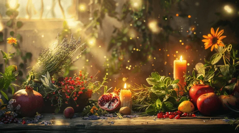 Altar natural con hierbas, flores, frutas y velas encendidas, iluminado por luz cálida, representando un espacio de ritual y conexión con la naturaleza.