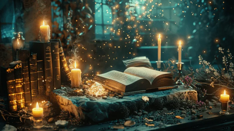 Mesa ritual con libro abierto, velas encendidas, libros antiguos y luces doradas en un ambiente místico e íntimo.