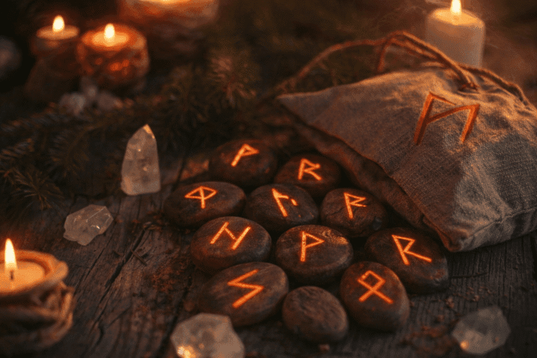 Runas del Elder Futhark grabadas en piedras oscuras sobre mesa de madera, iluminadas con brillo rojizo, rodeadas de velas, cuarzos y bolsa de lino.