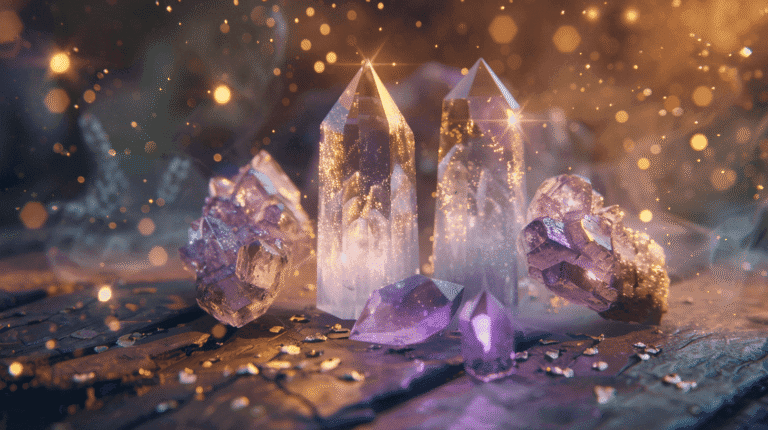 Cristales de cuarzo y amatista brillando sobre una mesa de madera con destellos de luz en un ambiente místico.