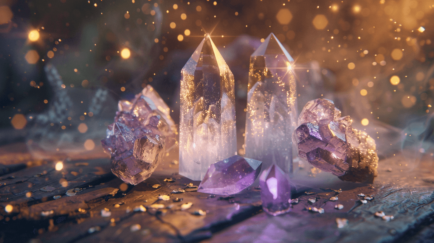 Cristales de cuarzo y amatista brillando sobre una mesa de madera con destellos de luz en un ambiente místico.