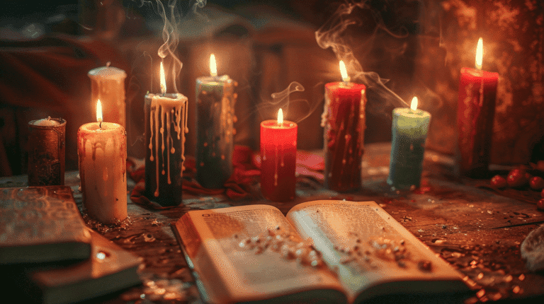 Velas encendidas de distintos colores sobre mesa ritual junto a libro abierto, humo y ambiente esotérico.