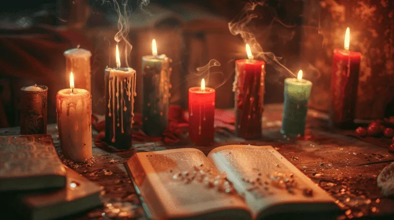 Velas encendidas de distintos colores sobre mesa ritual junto a libro abierto, humo y ambiente esotérico.