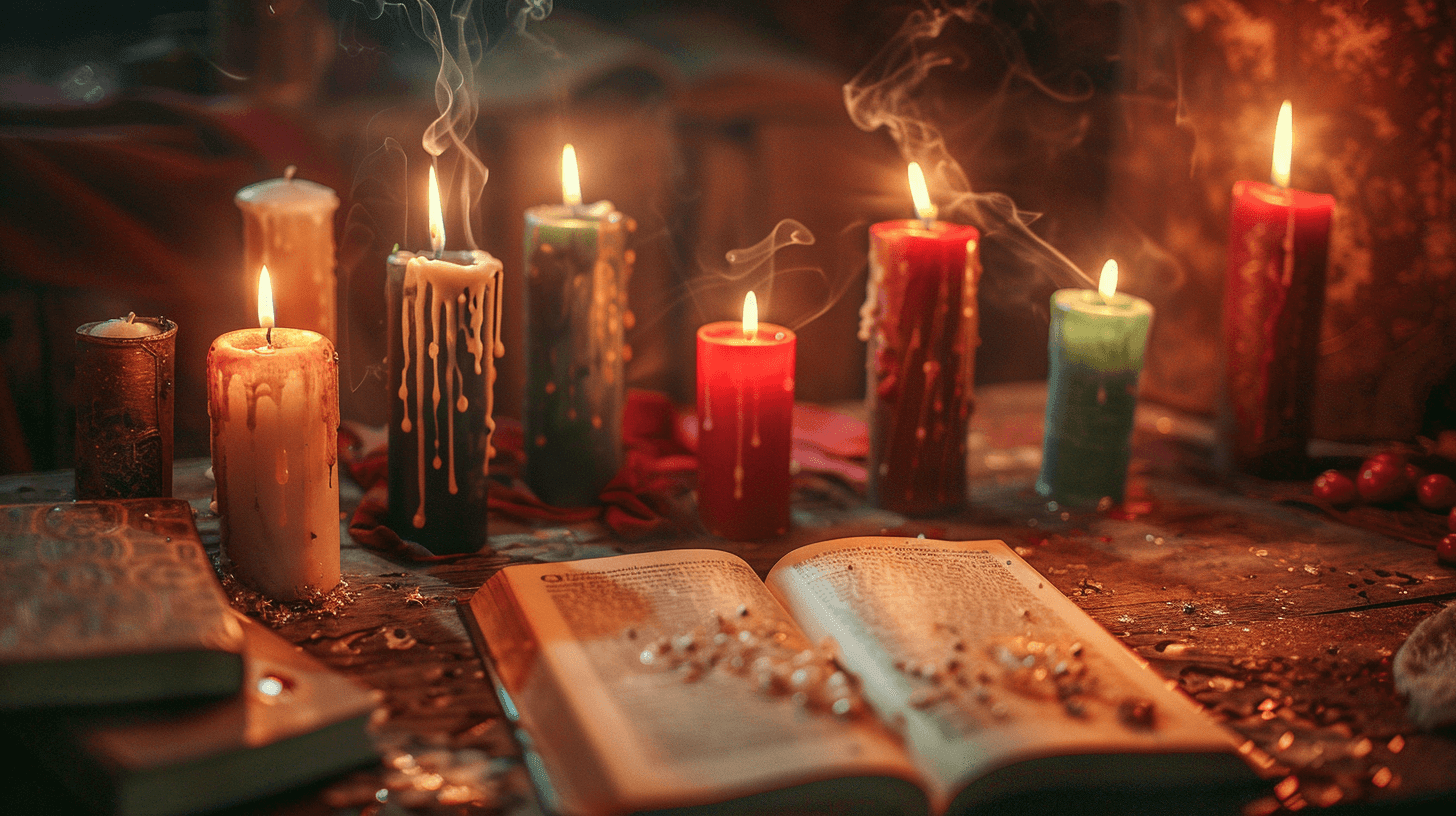 Velas encendidas de distintos colores sobre mesa ritual junto a libro abierto, humo y ambiente esotérico.