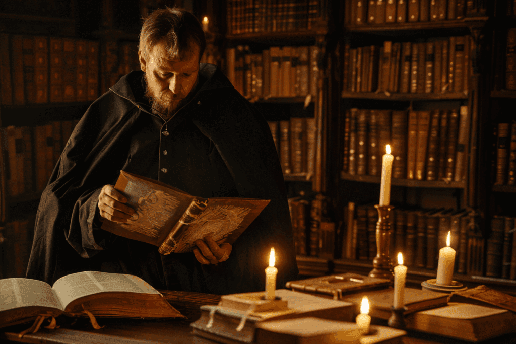 Representación de Heinrich Cornelius Agrippa en una biblioteca antigua, vestido con capa oscura mientras lee un manuscrito ilustrado rodeado de libros y velas encendidas.