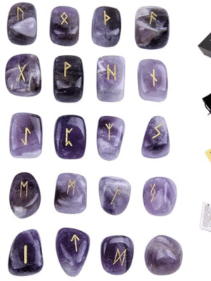 Amethyst Rune Stones Set – 25 Runas grabadas en amatista con bolsa y guía esencial
