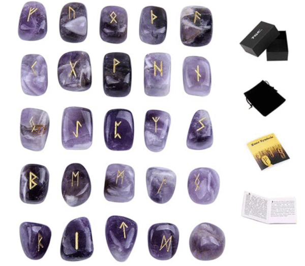 Amethyst Rune Stones Set – 25 Runas grabadas en amatista con bolsa y guía esencial