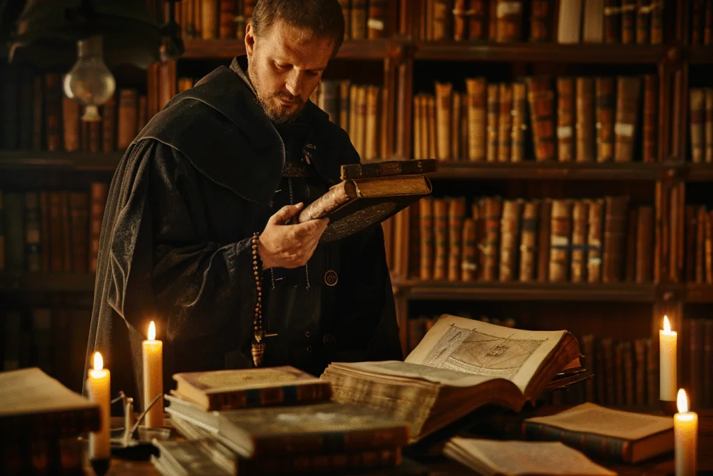 Hombre analizando un libro frente a una mesa llena de libros, iluminado por la luz de las velas, en una biblioteca antigua.