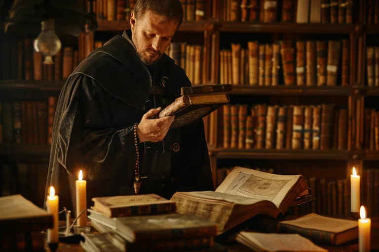 Hombre analizando un libro frente a una mesa llena de libros, iluminado por la luz de las velas, en una biblioteca antigua.