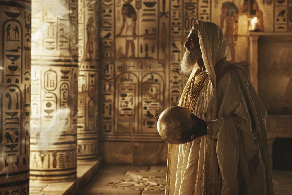 Hombre anciano, vestigo con una especie de túnica que cubre su cabeza, sosteniendo una esfera, en un ambiente egipcio.