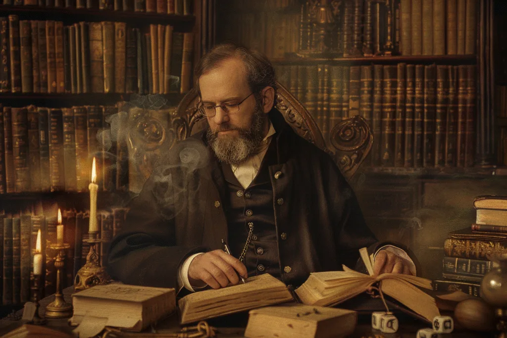 Hombre en sus 50, sentado en un escritorio mirando libros, iluminado por la luz de las velas, ubicado en su biblioteca.