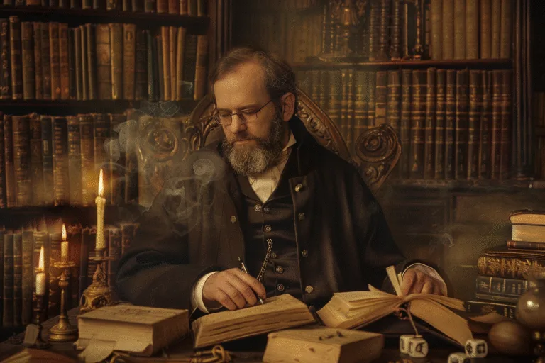 Hombre en sus 50, sentado en un escritorio mirando libros, iluminado por la luz de las velas, ubicado en su biblioteca.