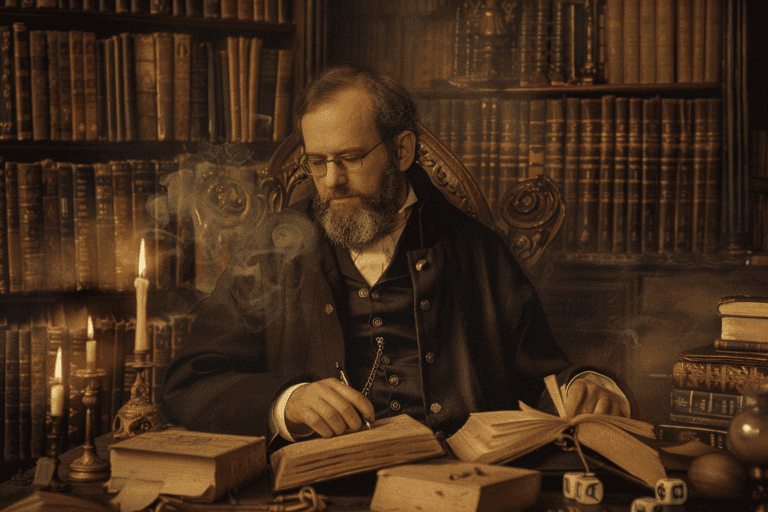Retrato artístico de Eliphas Lévi escribiendo entre libros antiguos y velas encendidas en una biblioteca esotérica.