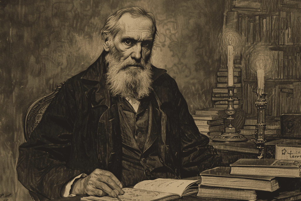 Retrato artístico de Eliphas Lévi en edad avanzada, sentado entre libros y velas en un estudio antiguo.