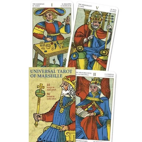 Muestra de mazo con cartas del Tarot de Marsella sobre fondo blanco.