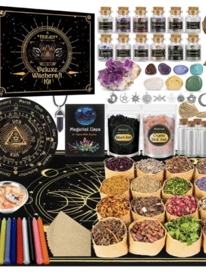 Image 11-19-25 at 14.51 El kit completo con sus hierbas, cristales, frascos, círculo de adivinación, sales, velas, sobre fondo blanco.