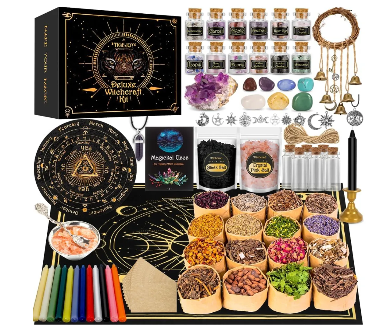 El kit completo con sus hierbas, cristales, frascos, círculo de adivinación, sales, velas, sobre fondo blanco.