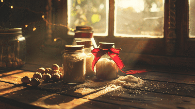 Alfeizar de una ventana con luz del amanecer donde hay frascos con azúcar y nueces.