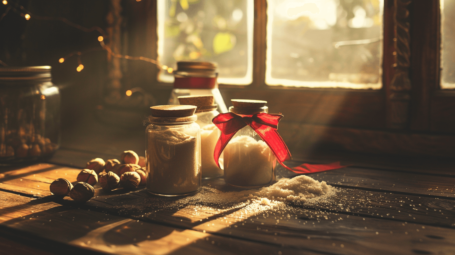 Alfeizar de una ventana con luz del amanecer donde hay frascos con azúcar y nueces.