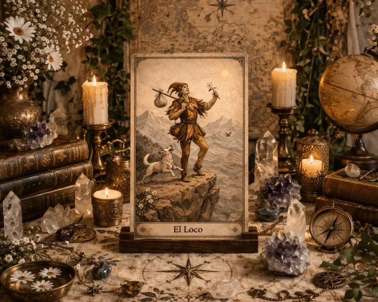 Carta del tarot El Loco en un altar con velas, cristales y hierbas – Arcano Mayor del Tarot