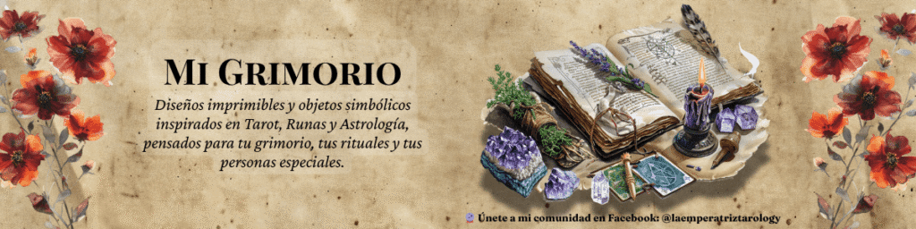 Banner de Mi Grimorio con flores rojas, libro mágico abierto, vela encendida, cristales y mensaje sobre diseños imprimibles inspirados en tarot, runas y astrología.