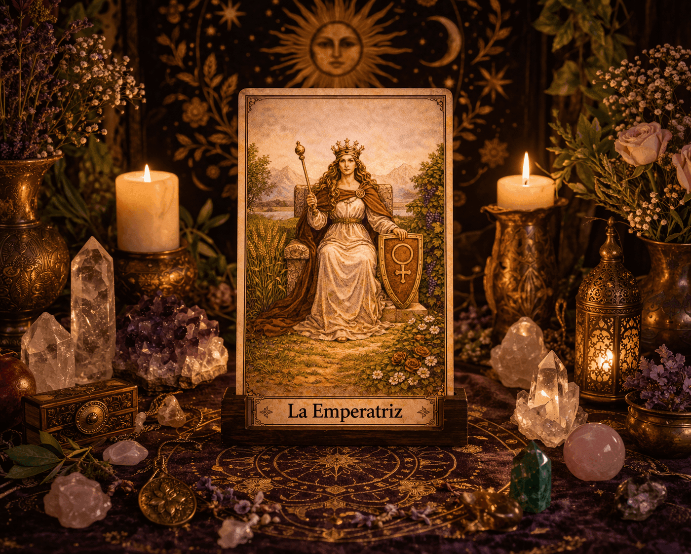 Carta de tarot La Emperatriz colocada sobre un altar decorado con velas encendidas, cristales, flores y símbolos esotéricos en un ambiente cálido.