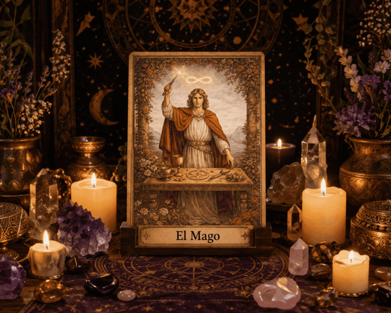 Carta de El Mago sobre un altar con velas encendidas, cristales y flores, en un ambiente esotérico con símbolos astrales y tonos dorados.