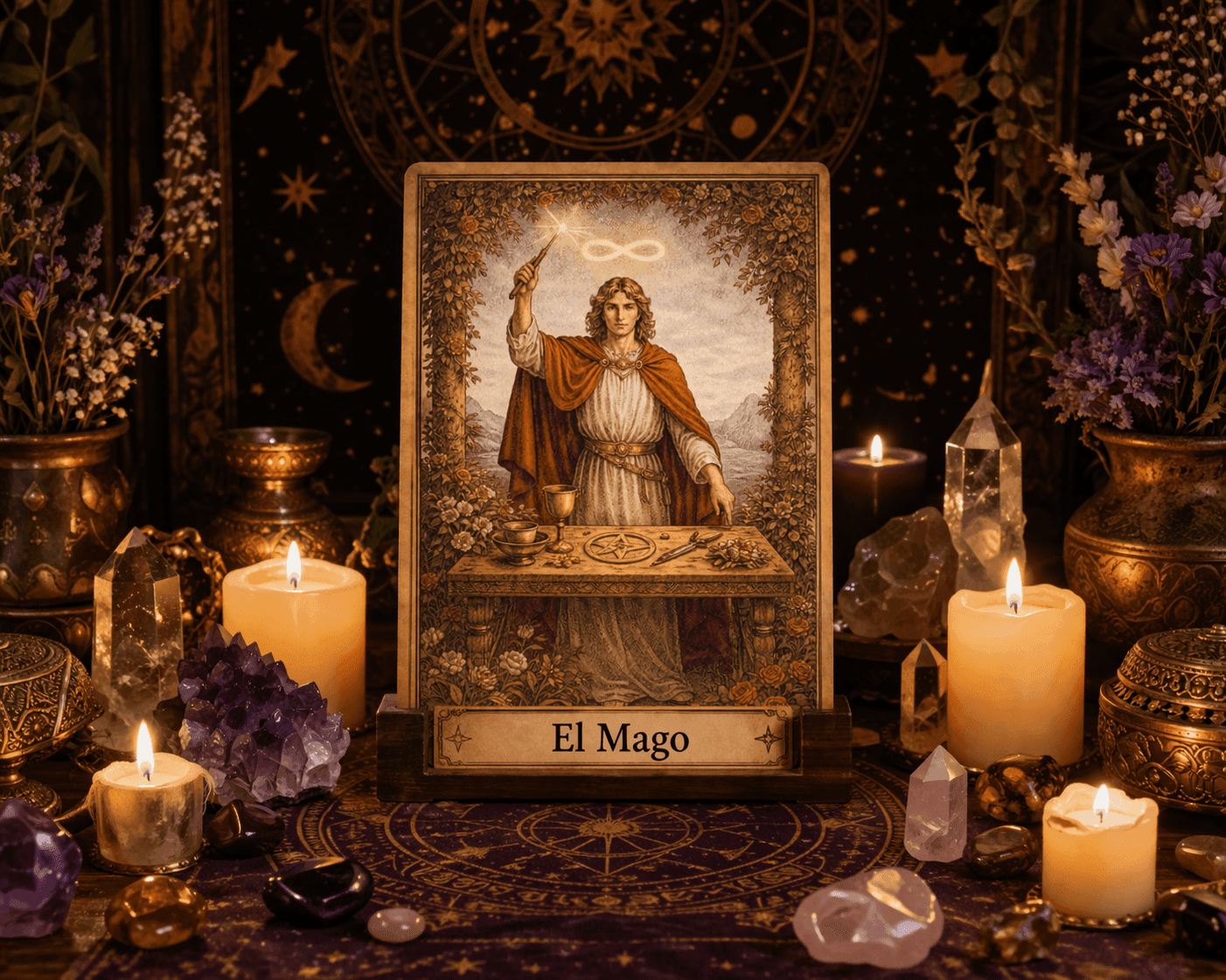 Carta de El Mago sobre un altar con velas encendidas, cristales y flores, en un ambiente esotérico con símbolos astrales y tonos dorados.