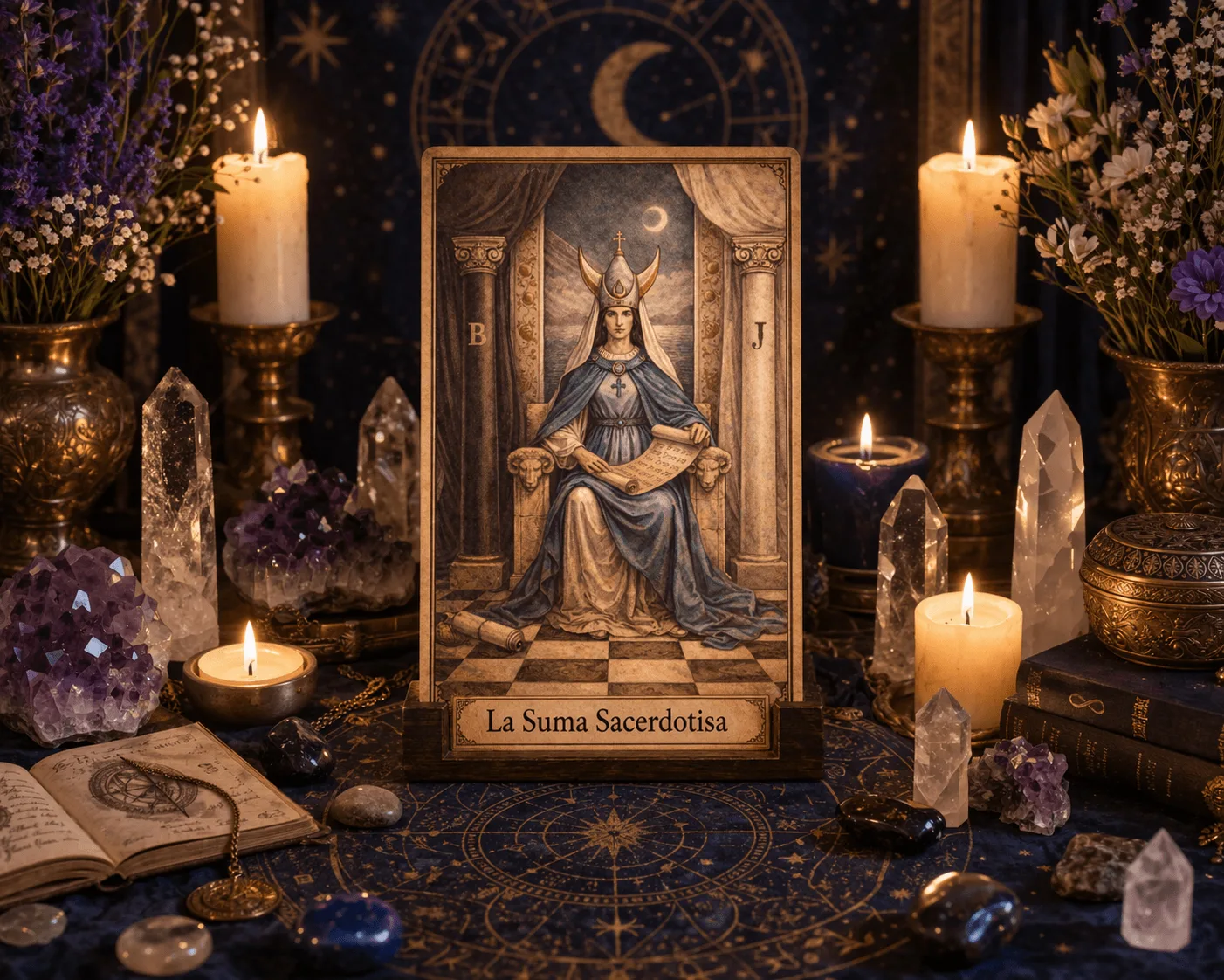 Carta de tarot La Suma Sacerdotisa sobre altar místico con velas encendidas, amatistas, cuarzos y símbolos lunares.