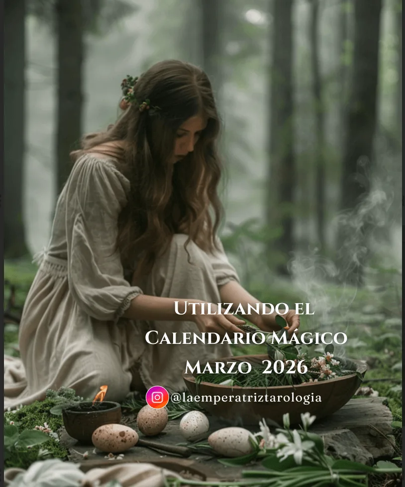 Mujer en un bosque preparando un ritual con flores, velas y huevos sobre una bandeja de madera, rodeada de vegetación y humo suave en un ambiente natural y sereno.