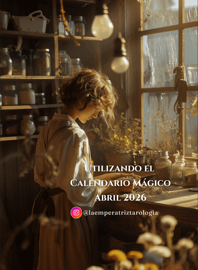 Mujer en una cocina de estilo rústico y mágico preparando hierbas secas junto a una ventana iluminada por la luz cálida del atardecer. El ambiente está lleno de frascos de vidrio, flores secas y detalles botánicos, creando una estética cozy witch inspirada en la herbolaria y la magia natural. Sobre la imagen aparece el texto “Utilizando el Calendario Mágico Abril 2026” junto al usuario de Instagram @laemperatriztarologia.