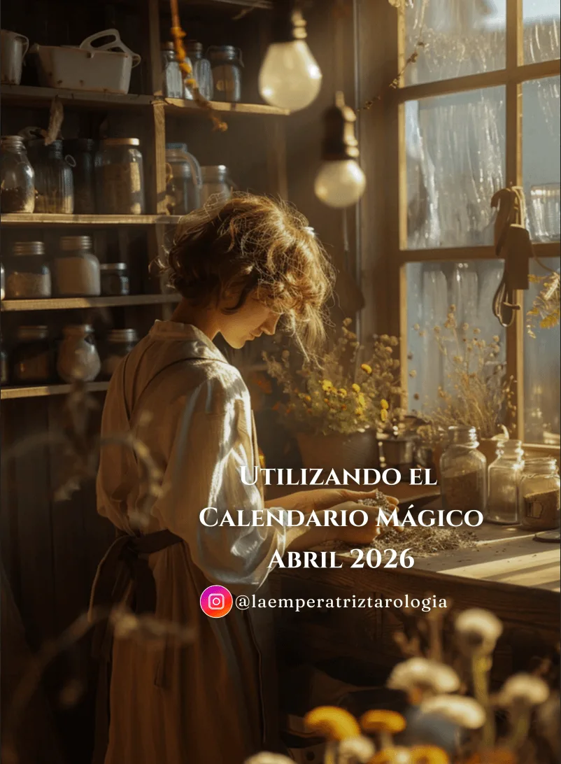 Mujer en una cocina de estilo rústico y mágico preparando hierbas secas junto a una ventana iluminada por la luz cálida del atardecer. El ambiente está lleno de frascos de vidrio, flores secas y detalles botánicos, creando una estética cozy witch inspirada en la herbolaria y la magia natural. Sobre la imagen aparece el texto “Utilizando el Calendario Mágico Abril 2026” junto al usuario de Instagram @laemperatriztarologia.