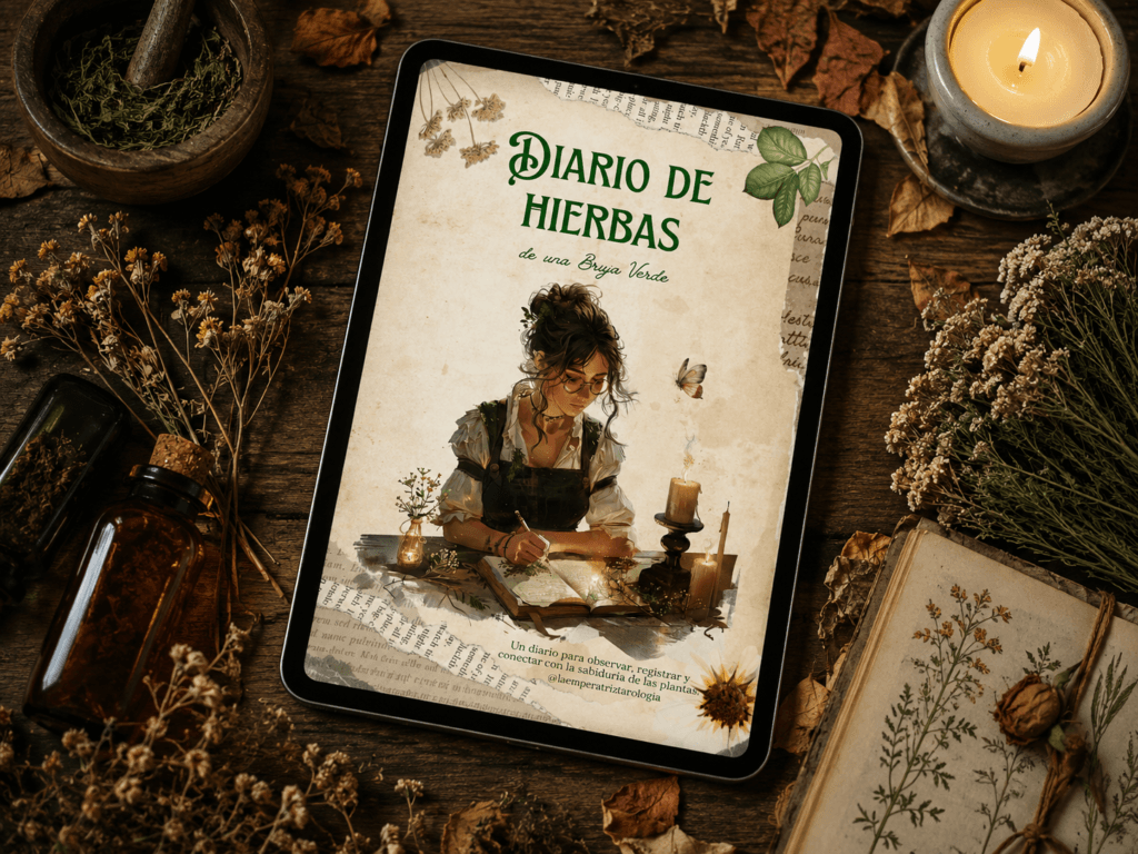 Mockup aesthetic de un Diario de Hierbas digital mostrado en una tablet sobre una mesa rústica con hierbas secas, velas y frascos botánicos, en estilo vintage herbal.
