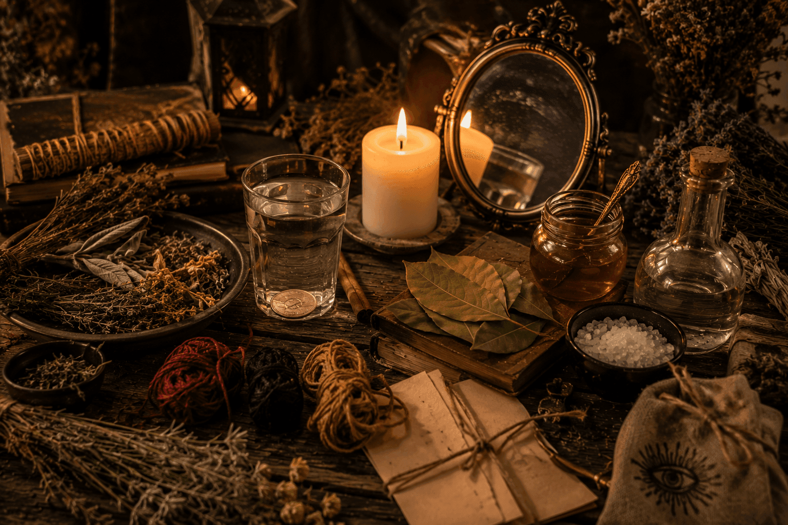 Altar ritual de San Juan con vela blanca encendida, espejo antiguo, vaso con agua y moneda, hojas de laurel, miel, sal gruesa, hierbas secas y herramientas utilizadas en rituales tradicionales sobre una mesa de madera.