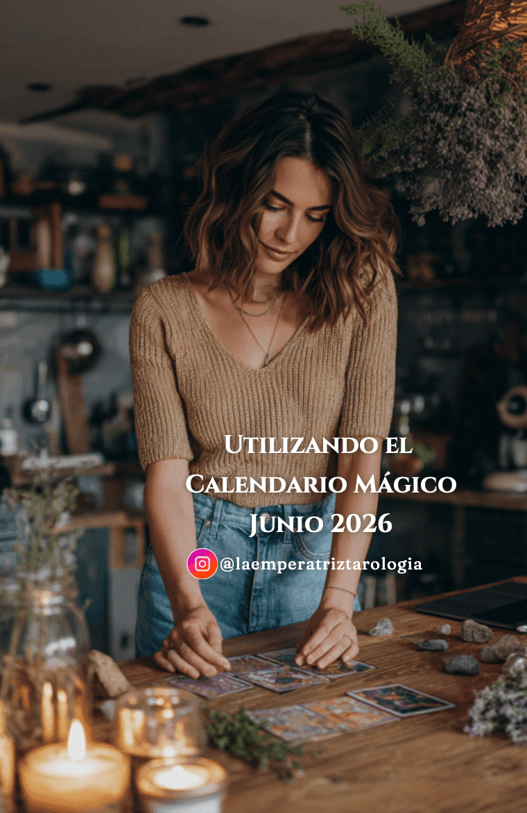 Mujer consultando cartas de tarot sobre una mesa con velas, cristales y hierbas en un ambiente cálido. Ilustración utilizada como imagen de presentación del Calendario Mágico de Junio 2026.
