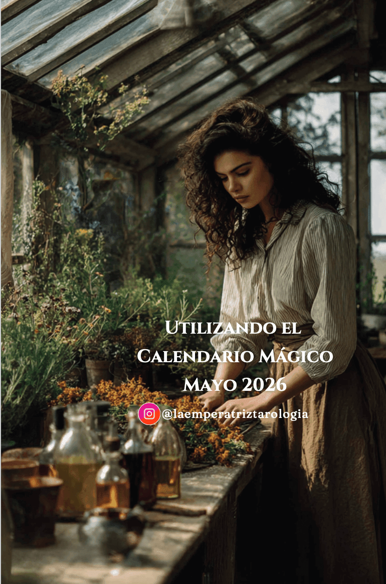 Mujer preparando hierbas y frascos botánicos en un antiguo invernadero, ilustración utilizada como imagen de presentación del Calendario Mágico de Mayo 2026.