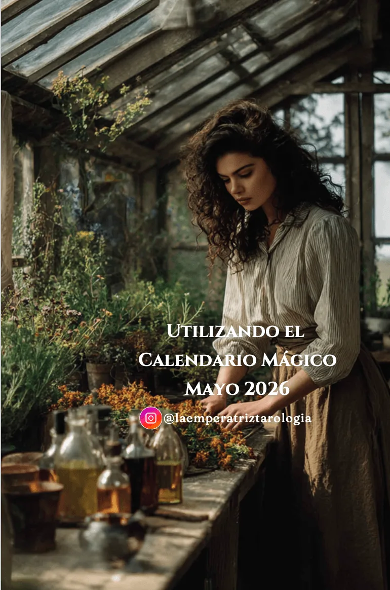 Mujer preparando hierbas y frascos botánicos en un antiguo invernadero, ilustración utilizada como imagen de presentación del Calendario Mágico de Mayo 2026.